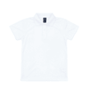 A white polo shirt featuring a collar and short sleeves, with a logo on the label.