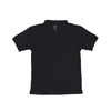 A black polo shirt with a collar and three buttons, featuring a logo on the label.