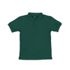 A youth polo shirt in dark green, featuring a collared neckline and button placket. It has a branded logo.