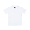A white polo shirt featuring a collar and a four-button placket, with a logo on the chest area.