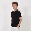 A black youth polo shirt displayed on a young model against a white background.