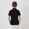 A black polo shirt designed for youth, featuring short sleeves and a simple back design. The garment has a branding logo.