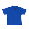 A blue polo shirt with a collar and two buttons, featuring a small logo at the neckline.
