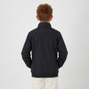 A youth weather jacket in black viewed from the back, featuring a sleek, minimal design and a collar.