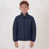 A navy puffer jacket designed for youth, featuring a full zip and a stand-up collar. It has a logo on it.