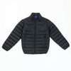 A black puffer jacket featuring a zip front and two side pockets, with a stand collar and ribbed cuffs.