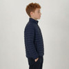 A youth puffer jacket in navy blue, featuring a zip-up front and a fitted design, shown on a profile view.