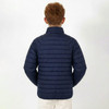 A navy puffer jacket seen from the back, featuring horizontal quilted detailing and a standalone collar.