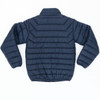 A navy puffer jacket with a quilted design and elastic cuffs, featuring a high collar and a logo on the back.