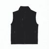 A black softshell vest with a zip front and zippered pockets, featuring a logo on one side.