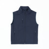 A navy softshell vest featuring a high collar and multiple zippered pockets. It has a logo on the front.