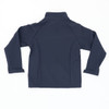 A navy softshell jacket featuring a collared neck and long sleeves, with a branding logo on the back.