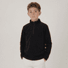 A youth polar fleece 1/4 zip in navy, featuring a high collar and long sleeves, with a logo present.