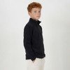 A youth-sized black polar fleece 1/4 zip top on a model, featuring a stand collar and a relaxed fit.