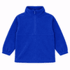 A blue polar fleece 1/4 zip jumper featuring long sleeves and a high collar, with a logo displayed.