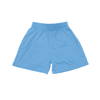Light blue youth shorts with an elastic waistband and a logo on the front.