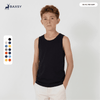 A youth singlet in black, featuring a round neckline and a logo, modelled by a young boy. Available in multiple colours.
