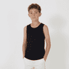 A youth singlet in black, featuring a relaxed fit and simple design. It has a logo on the front.