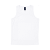 A white youth singlet featuring a round neckline and a logo on the label.