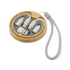 A wireless charger set in a circular bamboo case featuring multiple charging cables and a grey interior.