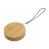A bamboo wireless charger with a grey strap, featuring a circular design. It includes a branding logo.