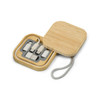 A bamboo charger set with multiple connectors and a carry strap, presented in a square case.