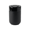 A black ceramic coffee cup with a glossy black lid and a sleek, rounded design. It features a logo on the side.
