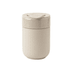 A ceramic coffee cup in a neutral beige colour with a sleek, smooth finish and a lid. It features a logo on the side.