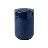 A grain ceramic coffee cup in navy blue, featuring a glossy lid and a smooth finish. It includes a logo.