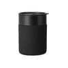 A ceramic coffee cup in matte black with a sleek black lid and a textured finish. Features a logo.