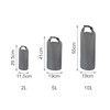 Three grey Oxford cloth dry bags of varying sizes: 2L, 5L, and 10L, displayed with dimensions. Each has a handle.