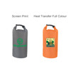 A grey Oxford cloth dry bag with a logo and an orange bag featuring a graphic design.