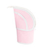A pink expandable pencil case with a white zipper and curved design. It has a logo on its surface.