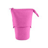 A pink canvas expandable pencil case with a zip closure and two compartments for storage. Features a branding logo.