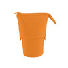 An orange canvas expandable pencil case with a zip closure, featuring an inner compartment and a logo.