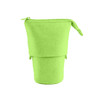 A bright green expandable pencil case with a zipper closure and two side loops. It has a logo on it.