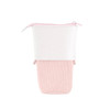 A pink and white expandable pencil case featuring a zip closure and textured fabric. It has a logo.