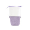 An expandable pencil case in lavender and white, featuring a zipper closure and a textured design.