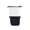 An expandable pencil case in navy and white, featuring a sleek design and a zippered top. It includes branding.