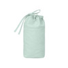 A mint green foldable drawstring pencil case featuring a gathered top and a front pocket, with a logo.