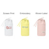A foldable drawstring pencil case in white, yellow, and pink, each featuring a logo or design.