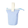 A foldable pencil case in blue and white gingham pattern, featuring a handle and zip closure.