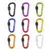 A collection of D-shaped screw lock keychains in various colours, including black, green, purple, yellow, orange, and silver, featuring logos.