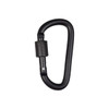 A black D-shaped screw lock keychain with a textured locking mechanism and a smooth curved body.