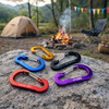 A selection of D Type aluminium alloy carabiner hooks in red, orange, yellow, black, and purple, arranged on a rock near a campfire.