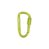 A green D-shaped camping carabiner with a secure locking mechanism and a logo.