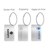 A collection of three metal luggage tags featuring different printing options and a steel wire attachment.