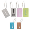 Brushed aluminium luggage tags in various colours, featuring a logo on some, with metal attachment loops.