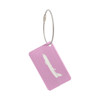 A pink brushed aluminium luggage tag with a cut-out airplane design and a metal attachment cable.