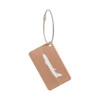 A brushed aluminium luggage tag with a plane design, attached with a metal loop. The tag has a warm, copper tone.